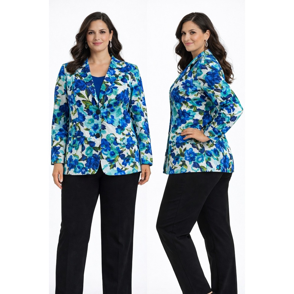 Dressbarn Women Blazer Jacket Large Blue Floral Career Chic Statement